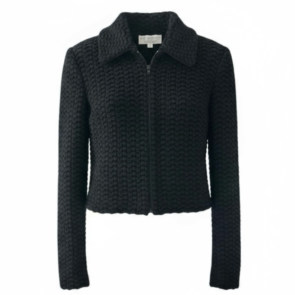 St John Black Front Zip Long Sleeve Boucle Knit Jacket Size Small